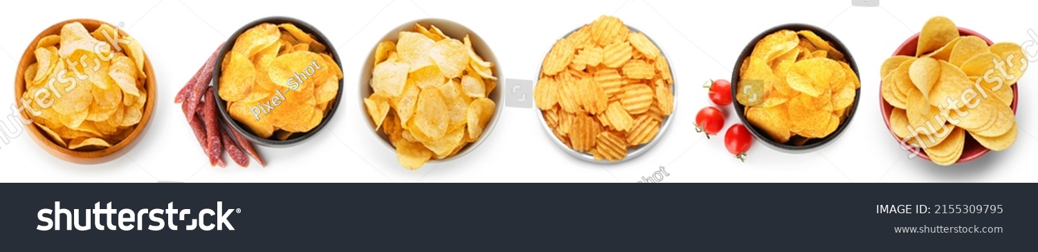 Bowl with different tasty potato chips on white background, top view #2155309795