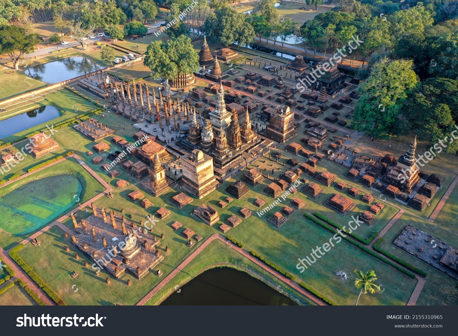 Aerial view of Wat Mahathat buddha and temple in Sukhothai Historical Park #2155310965