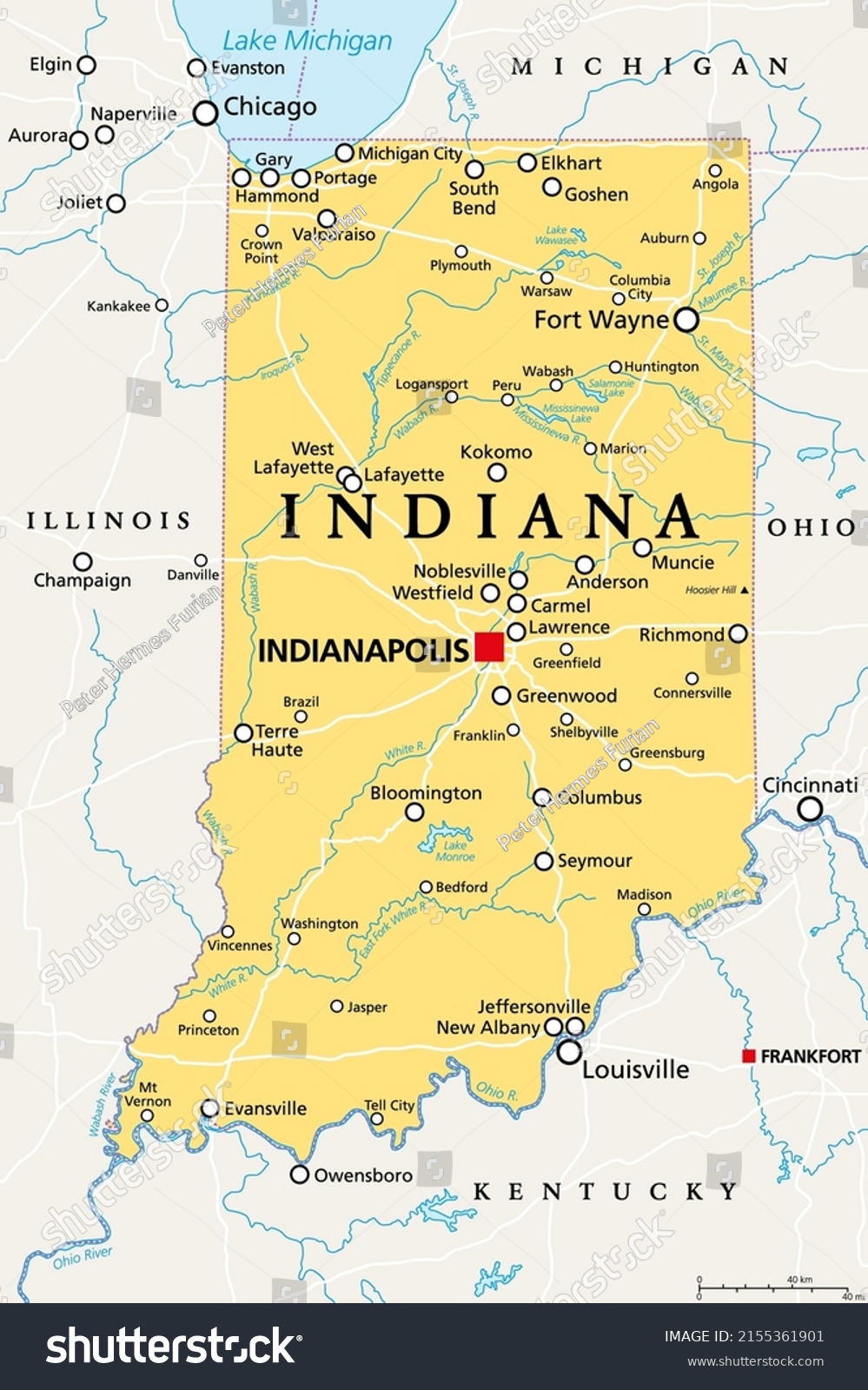 Indiana, IN, political map, with the capital - Royalty Free Stock ...