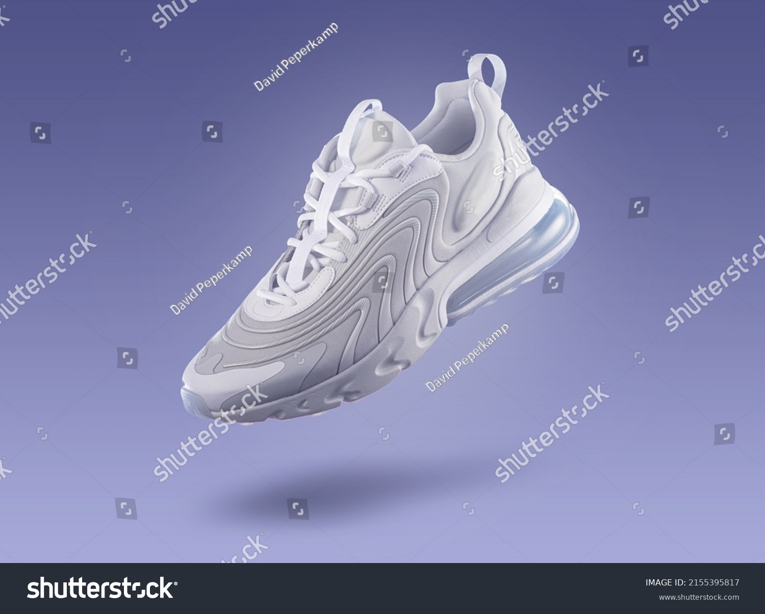 White sneaker  sport shoe on a purple gradient background, sport concept, men's fashion, sport shoe, air, sneakers, lifestyle, concept, product photo, levitation concept, street wear, trainers #2155395817