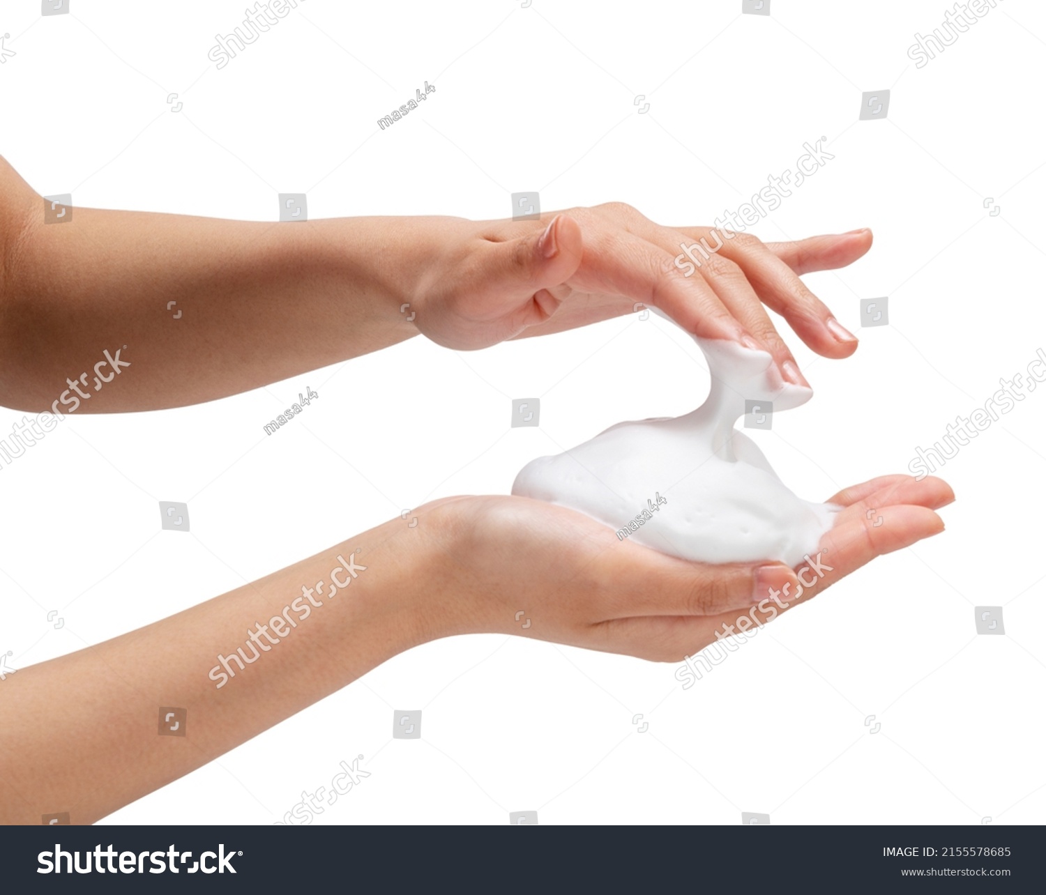 Female hand with soap bubbles on white background. Hands with white bubbles. Texture of white soap foam on female hand. #2155578685