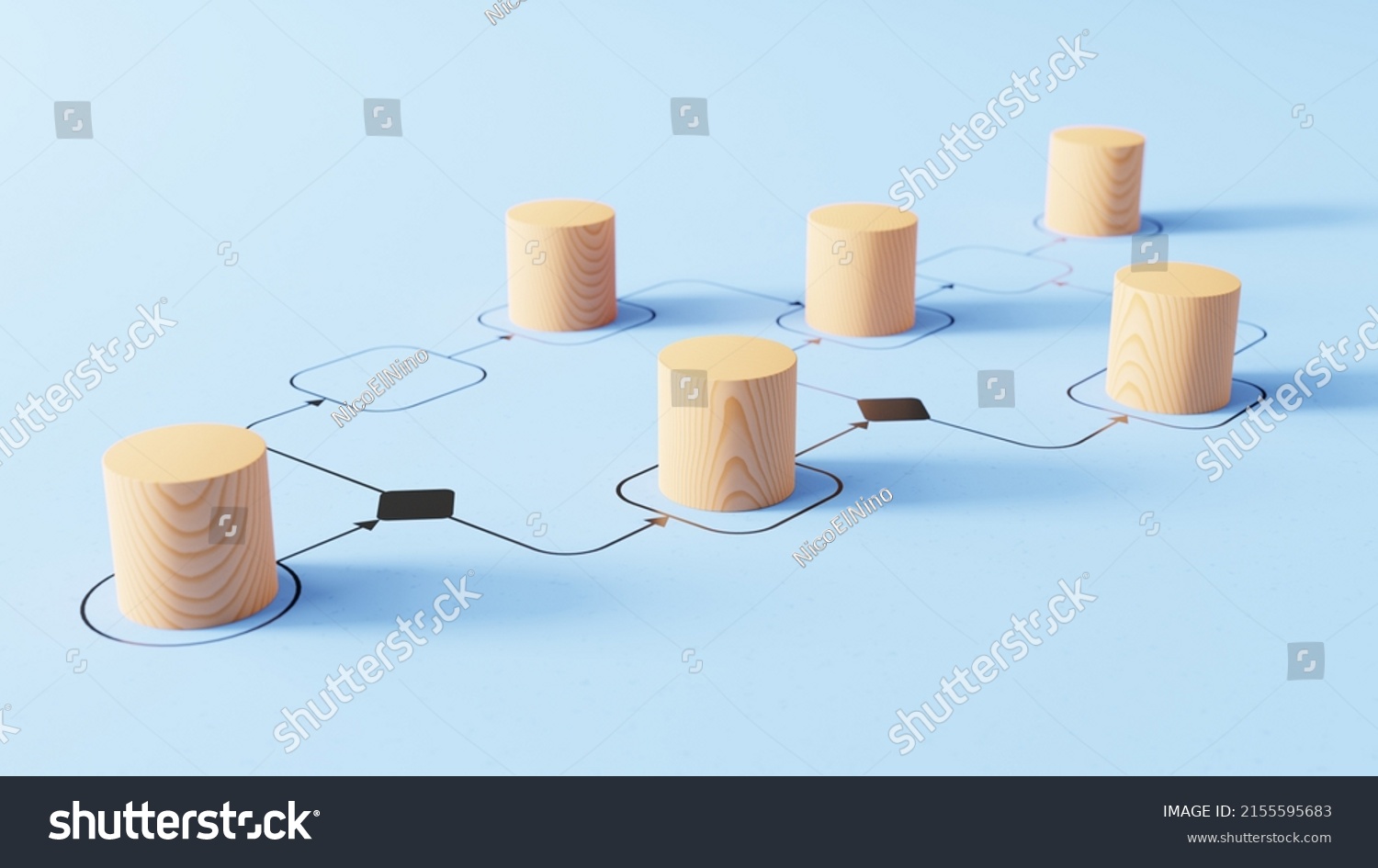 Business process management and automation concept with wooden pieces on flowchart diagram. Workflow implementation to improve productivity and efficiency. Management and organization. #2155595683