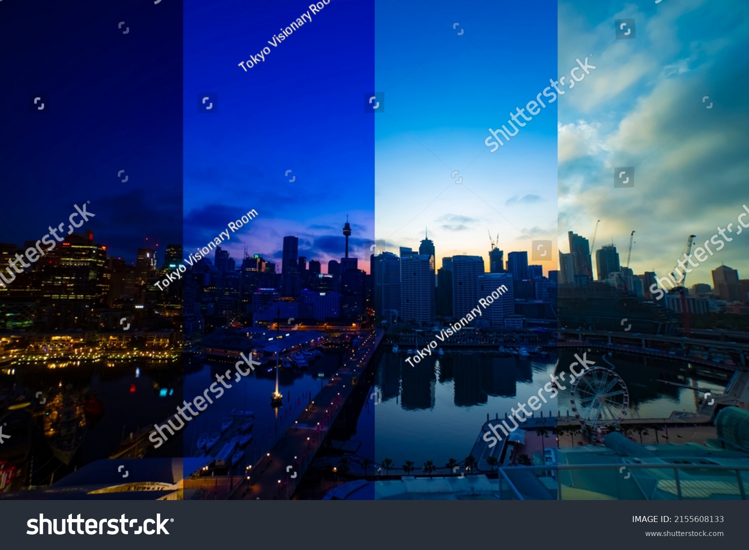 A sliced time lapse photography of bay area at Darling harbour in Sydney night to day. New South Wales Sydney Australia - 01.28.2020 Here is Darling Harbour. #2155608133