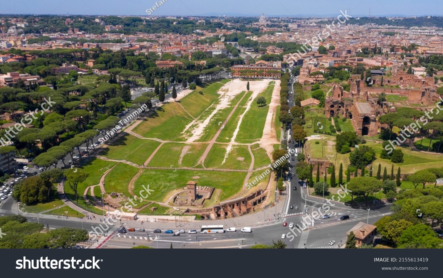 Aerial view of Circus Maximus, an ancient Roman chariot-racing stadium and mass entertainment venue in Rome, Italy. Now it's a public park but it was the first and largest stadium in ancient Rome. #2155613419