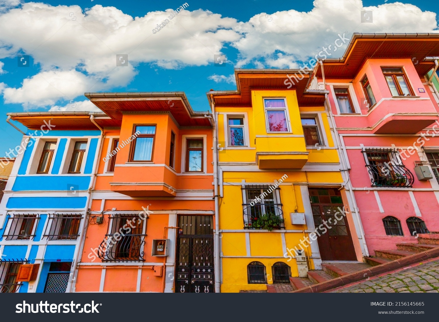 Beautiful colorful houses in Istanbul. Historical houses of Turkey belonging to the Ottoman period. View of colorful houses from the streets of Istanbul. summer landscape in the city. Balat, istanbul. #2156145665
