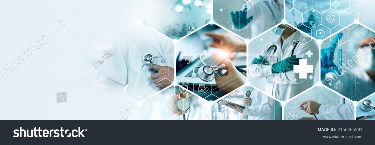 Healthcare and medical doctor working with professional team in physician, nursing assistant, laboratory research and development. Medical technology service to solve people health, Medical business.  #2156465583