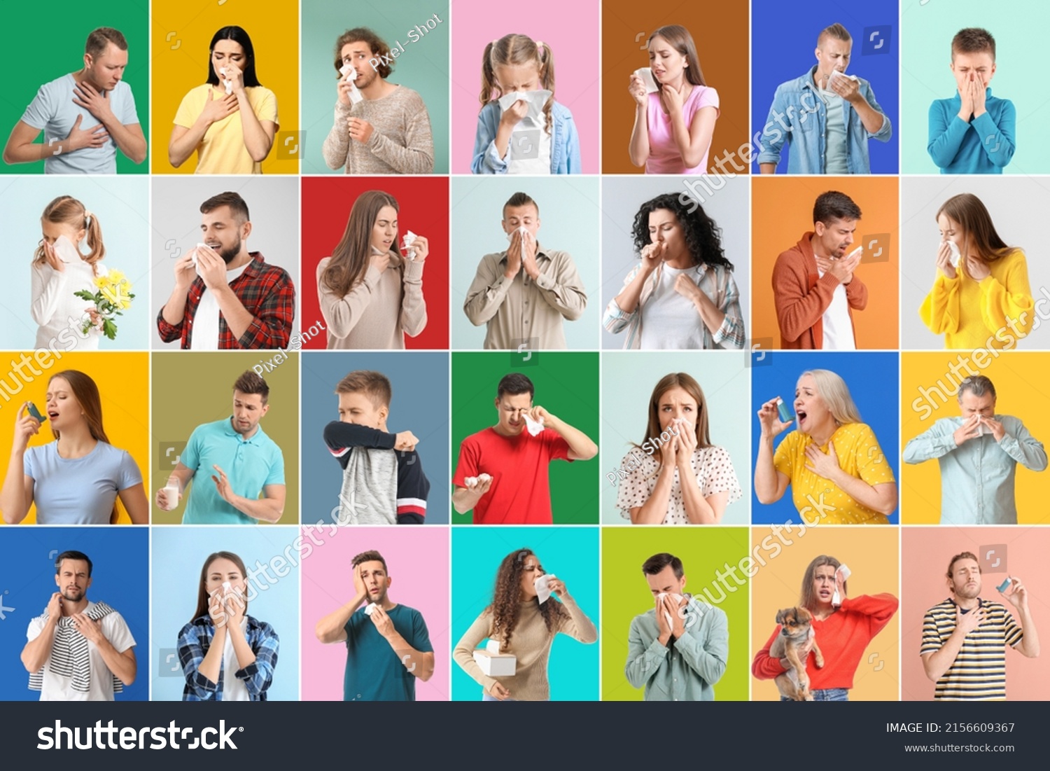 Set of different people suffering from allergic reactions on color background #2156609367