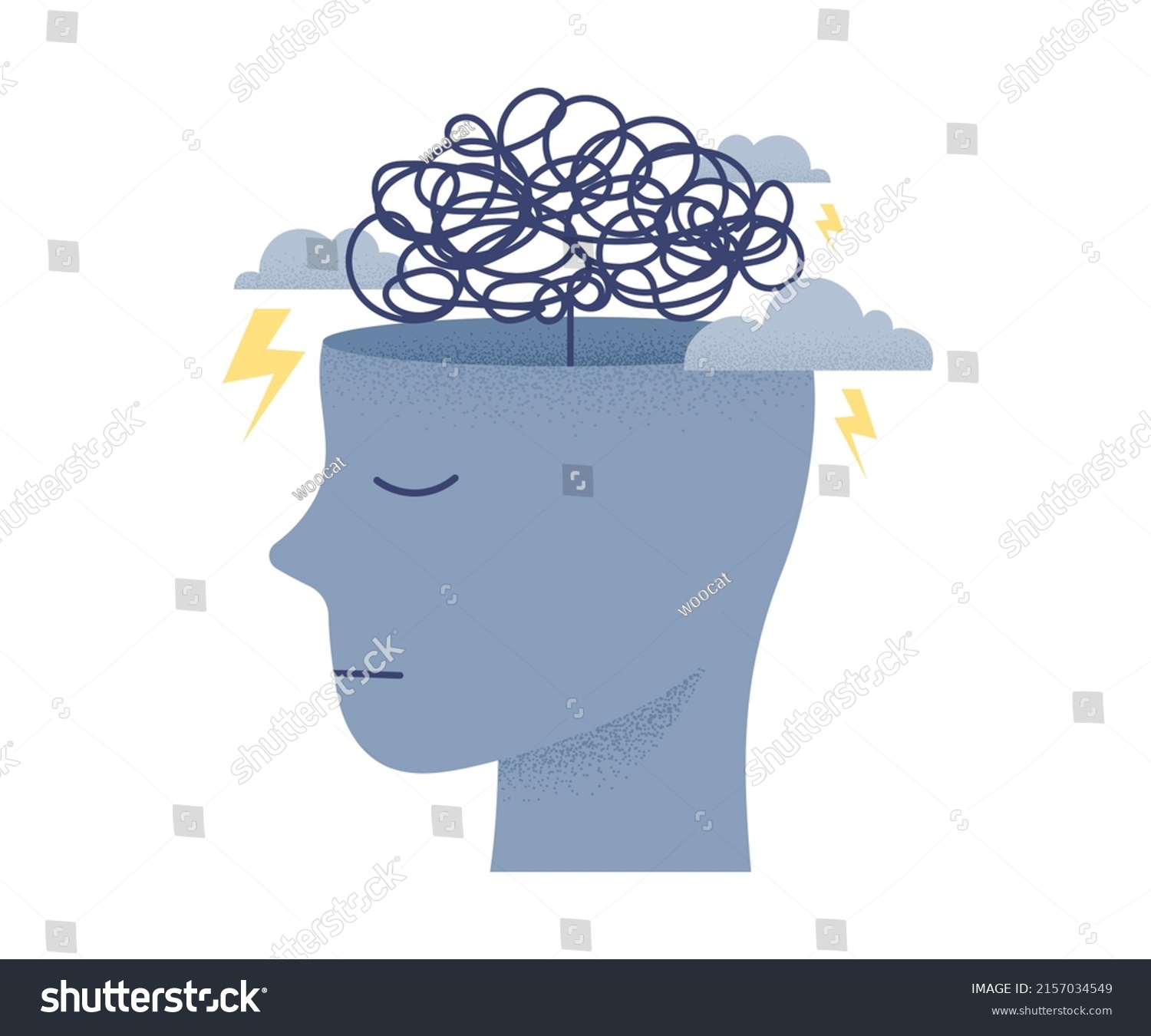 Confused, anxious and stressed brain. Mental health concept person profile vector illustration. #2157034549
