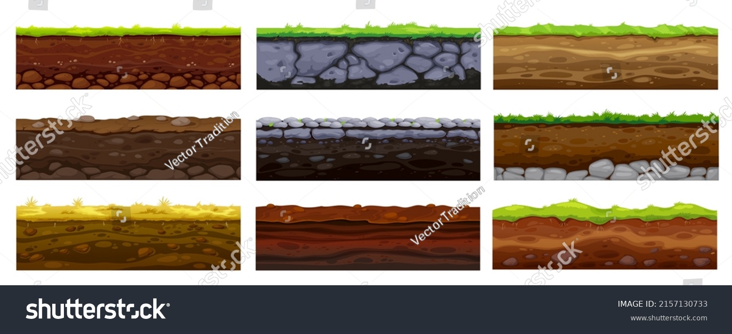 Soil, ground and underground layers, cartoon seamless game levels. Vector natural land textures cross section view with dirt, pebbles and green grass. Textured soli surface background, ui design #2157130733
