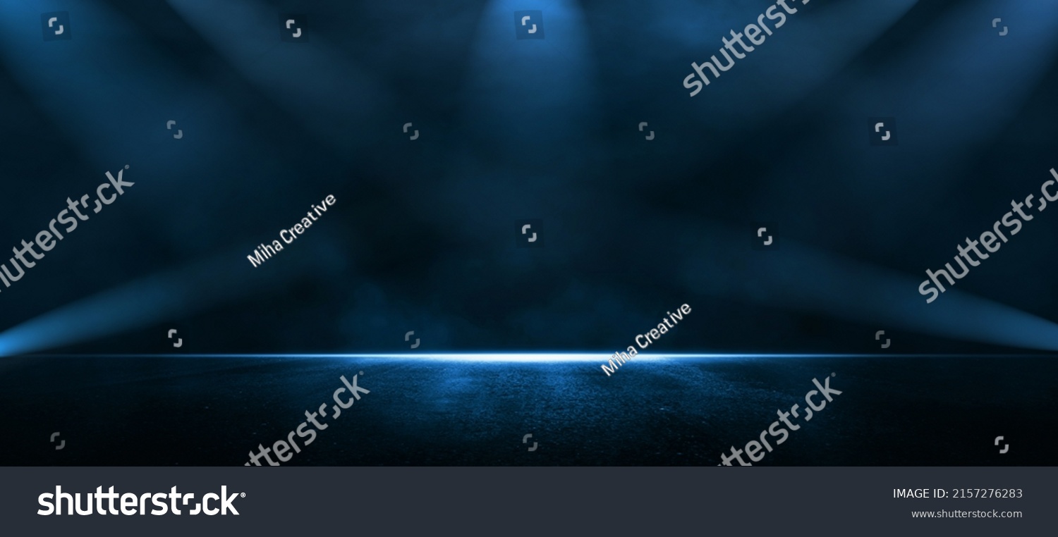 Rays, spotlights light. Empty dark scene with blue light. Asphalt blue dark street with smoke. #2157276283