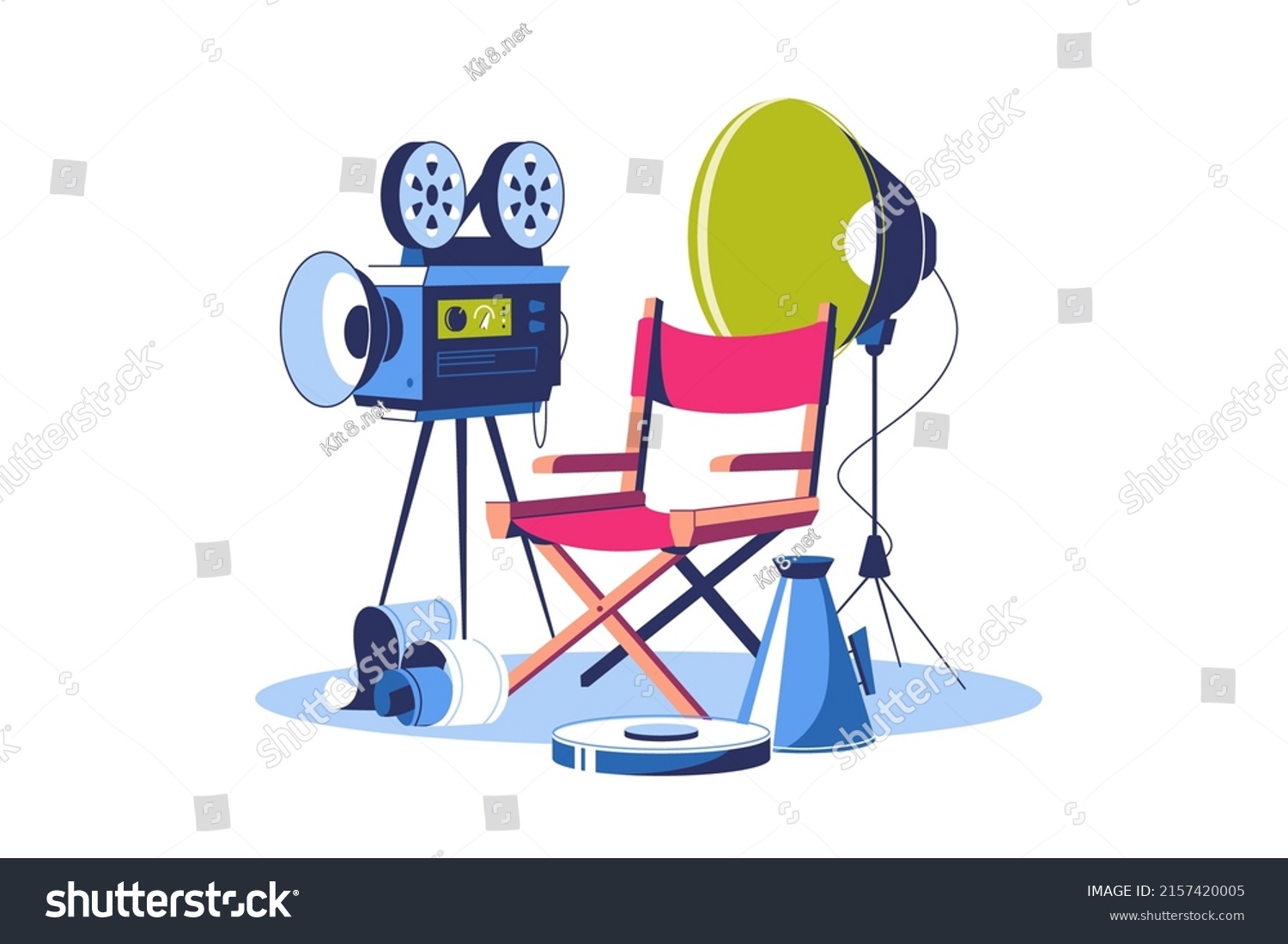 Movie, cinema making professional equipment for recording film vector illustration. Megaphone, camera, lighting and director chair flat concept #2157420005