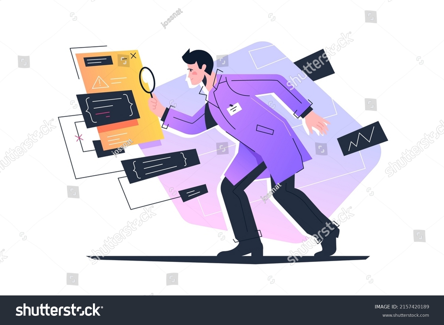 Detective, crime investigation, document with error notification vector illustration. System hacked, internet cyber security, data fraud #2157420189
