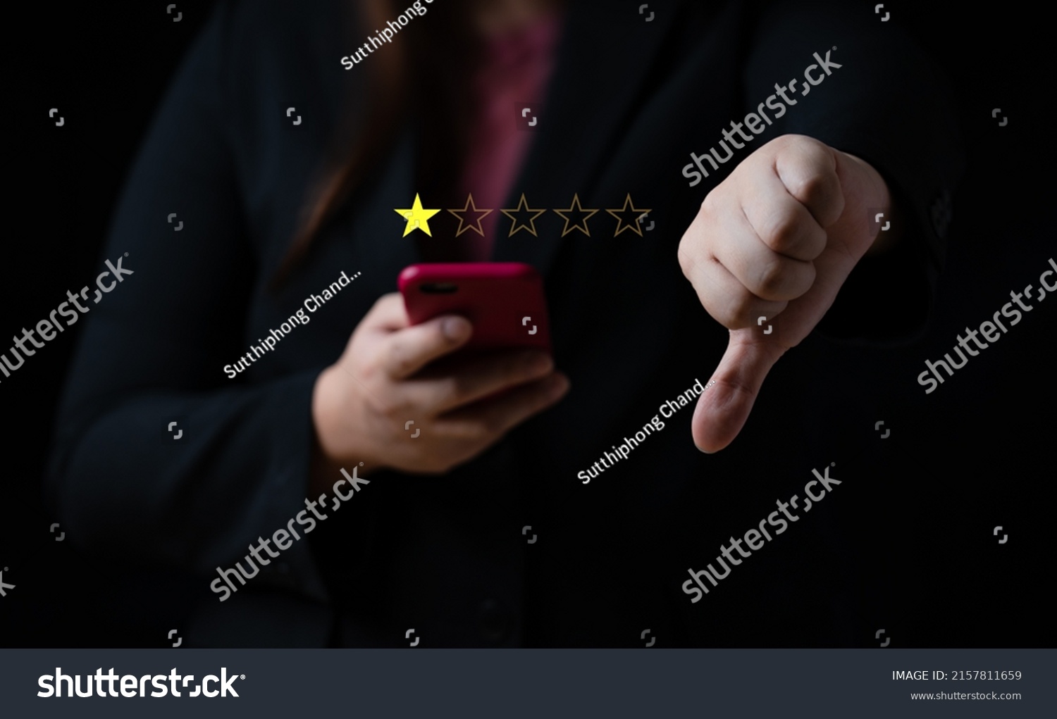 Business women select bad face emoticon on virtual touch screen at smartphone. Bad review, bad service dislike bad quality, low rating, social media not good #2157811659