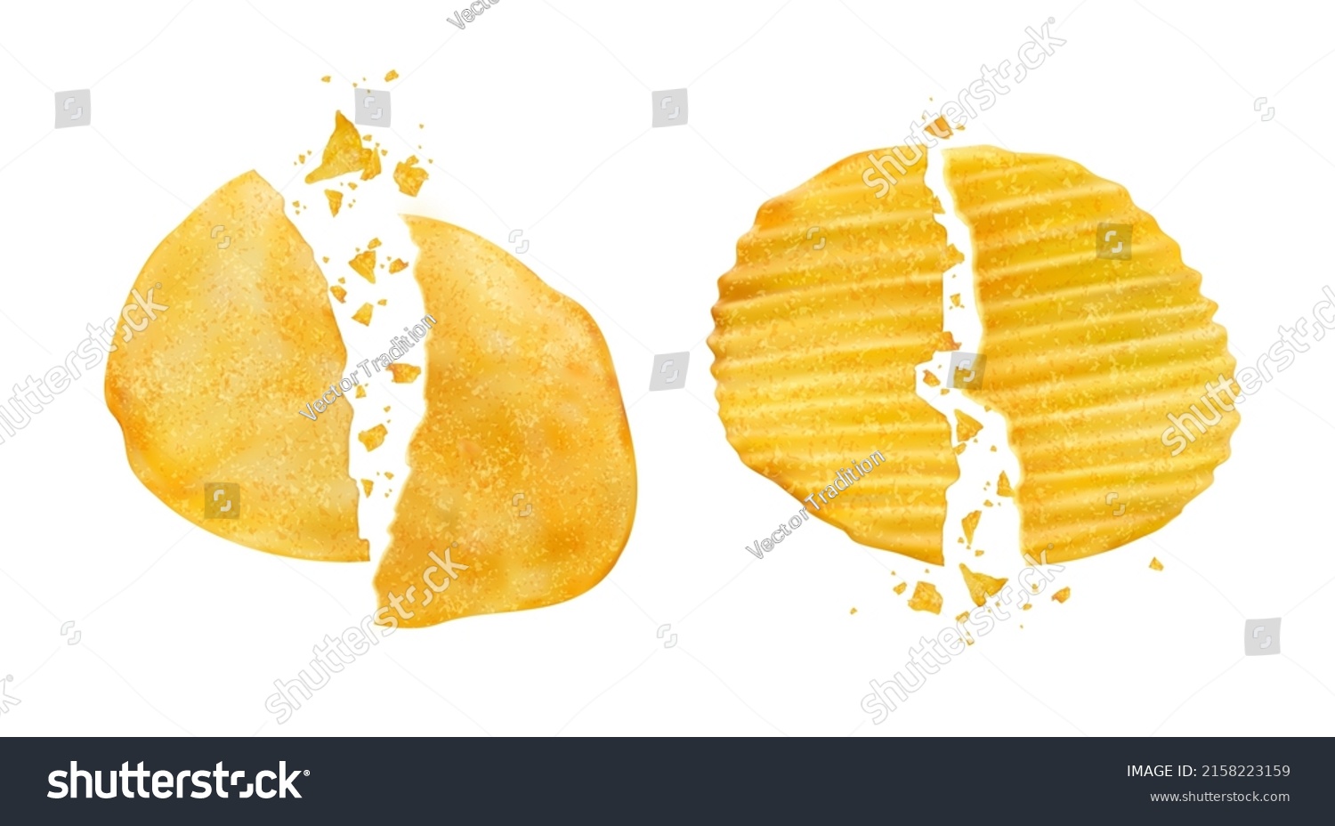 Cracked and broken potato chips with crumbs. Realistic vector crispy snack chips pieces separated on two parts. Isolated 3d crushed crunchy junk food, delicious vegetable crisp meal, fast food #2158223159