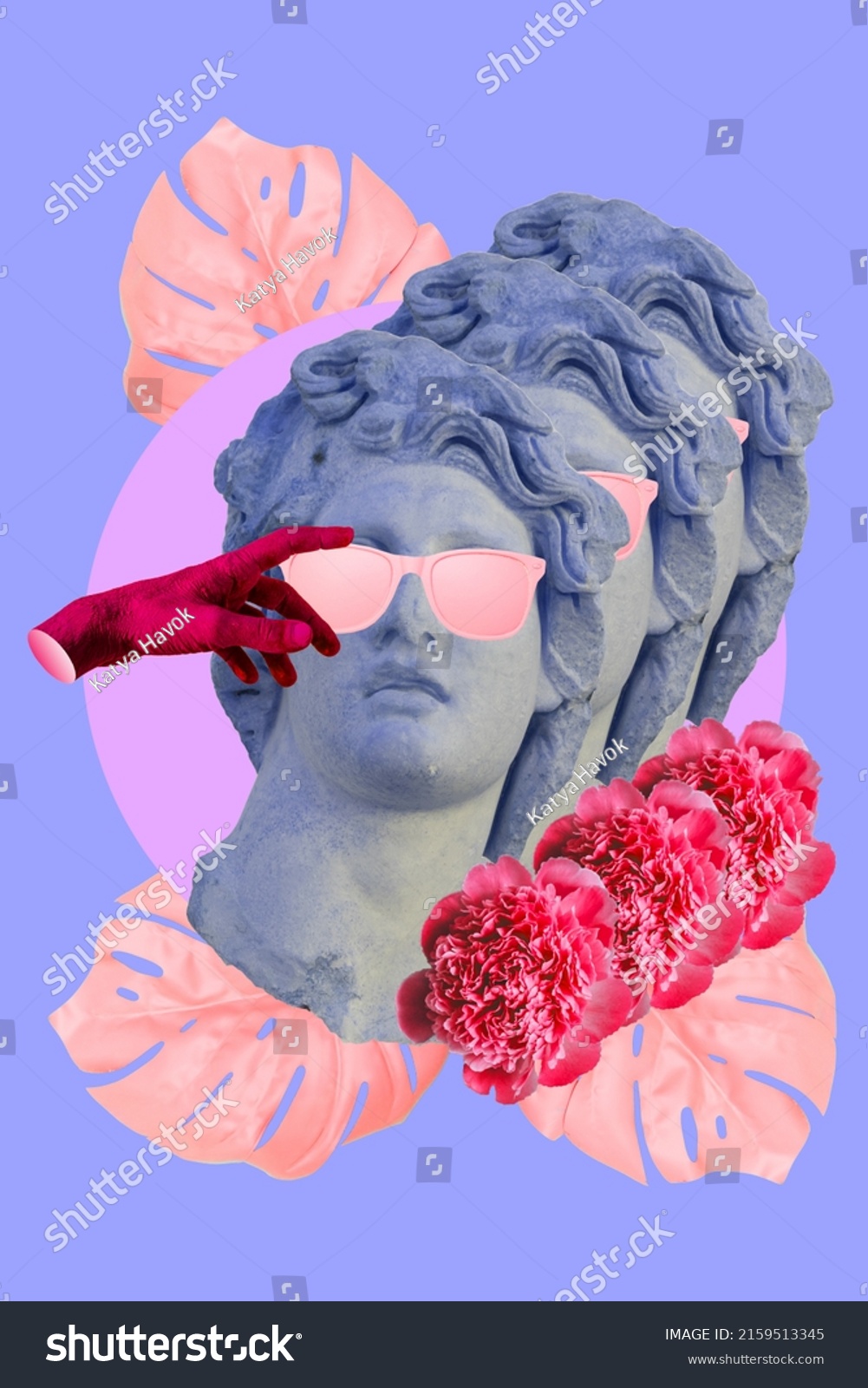 Collage art of classic statue with pink sunglasses, flowers and hand. Vaporwave style background. Sculpture in neon blue colors. #2159513345