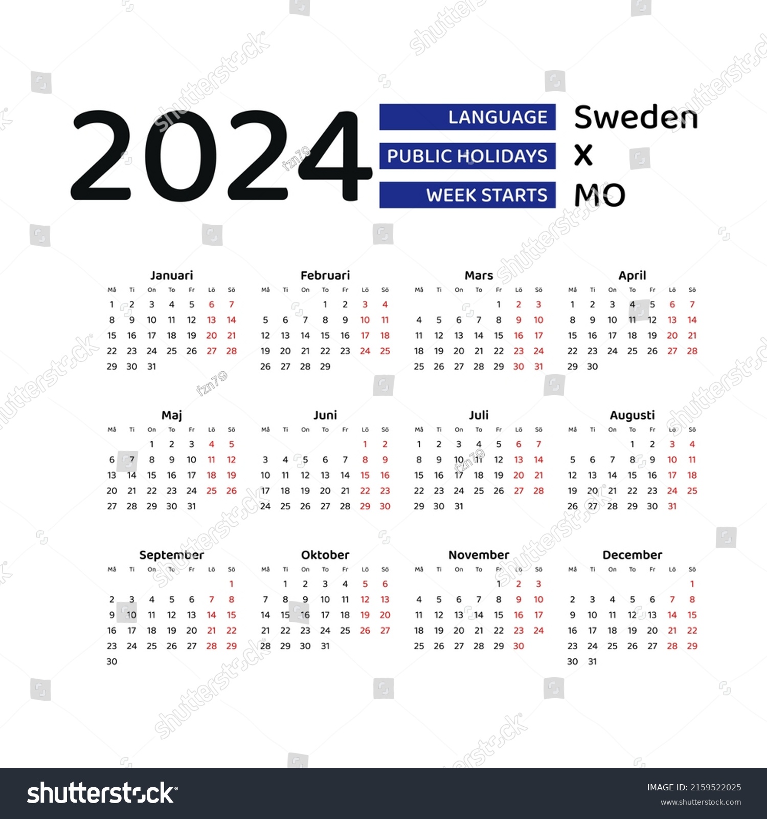 Calendar 2024 Swedish language with Sweden Royalty Free Stock Vector