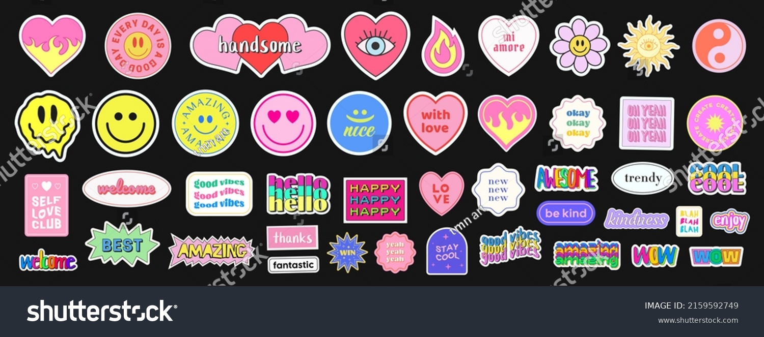 Pop Art Sticker Pack. Collections Of Cute Emoji Smile Badges. Set Of Cool Trendy Patches. #2159592749