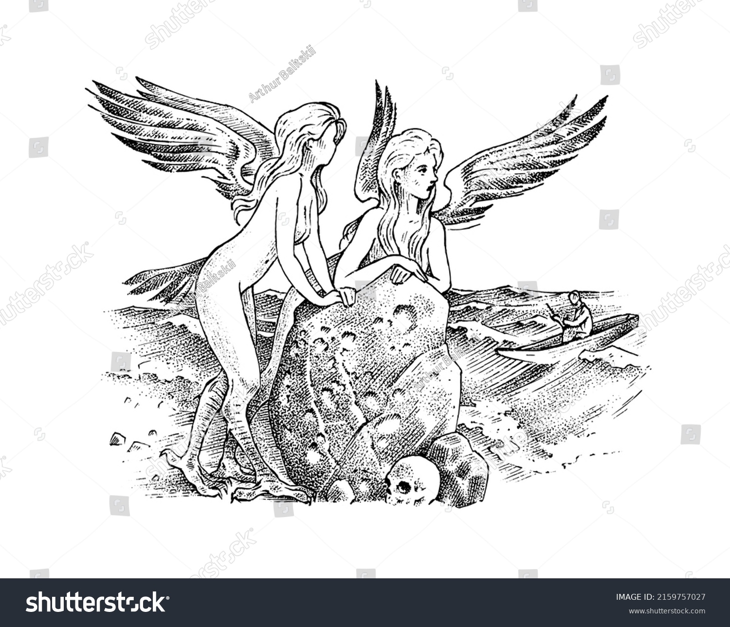 Myths of ancient Greece. Sirens with wings calling sailors. Odyssey. girls stand by a stone against the backdrop of the sea. Homer. Character sketch. Hand drawn vintage vector illustration for book #2159757027