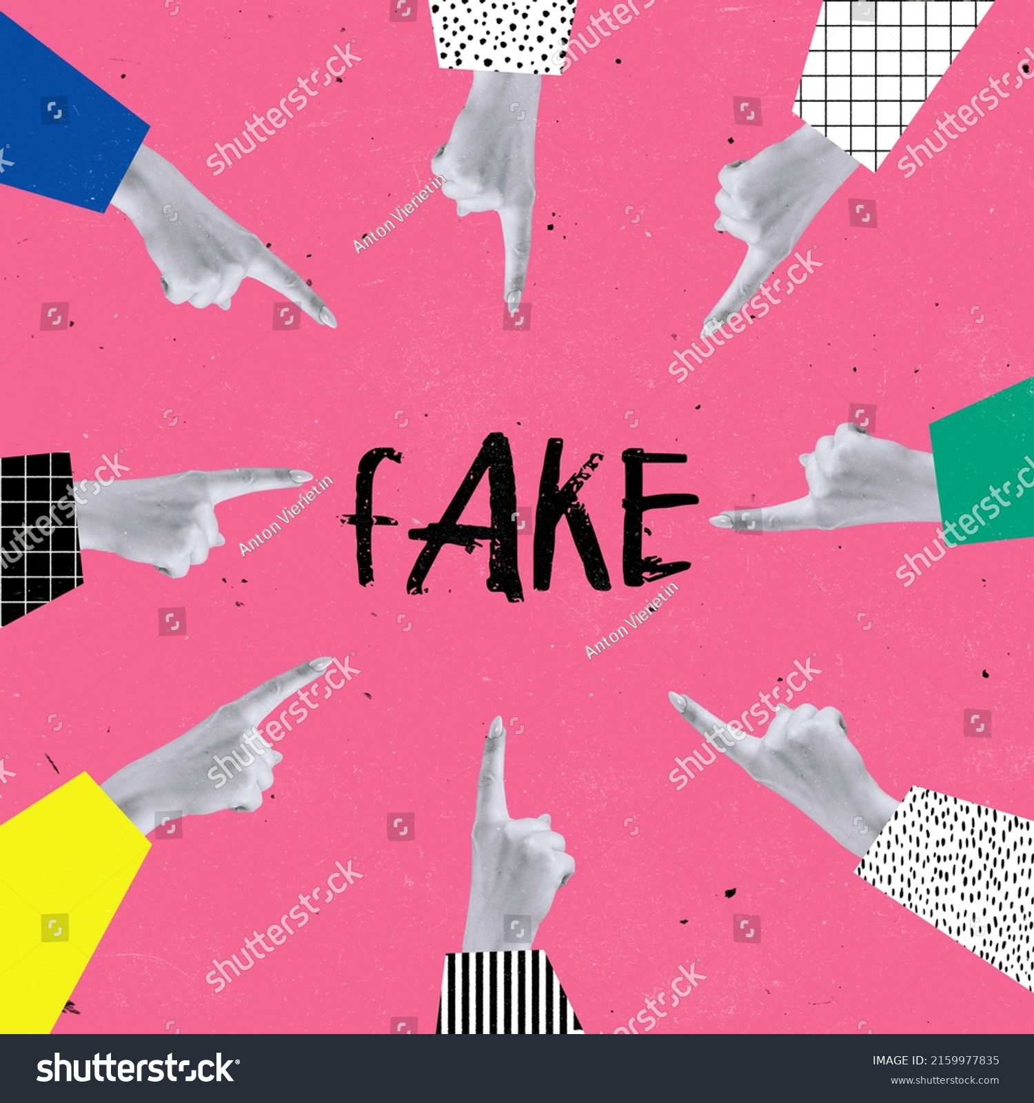 Contemporary art collage. Many hands pointing at fake news lettering isolated over pink background. Disinformation of society. Concept of mass media influence, rumors, gossips. Copy space for ad #2159977835