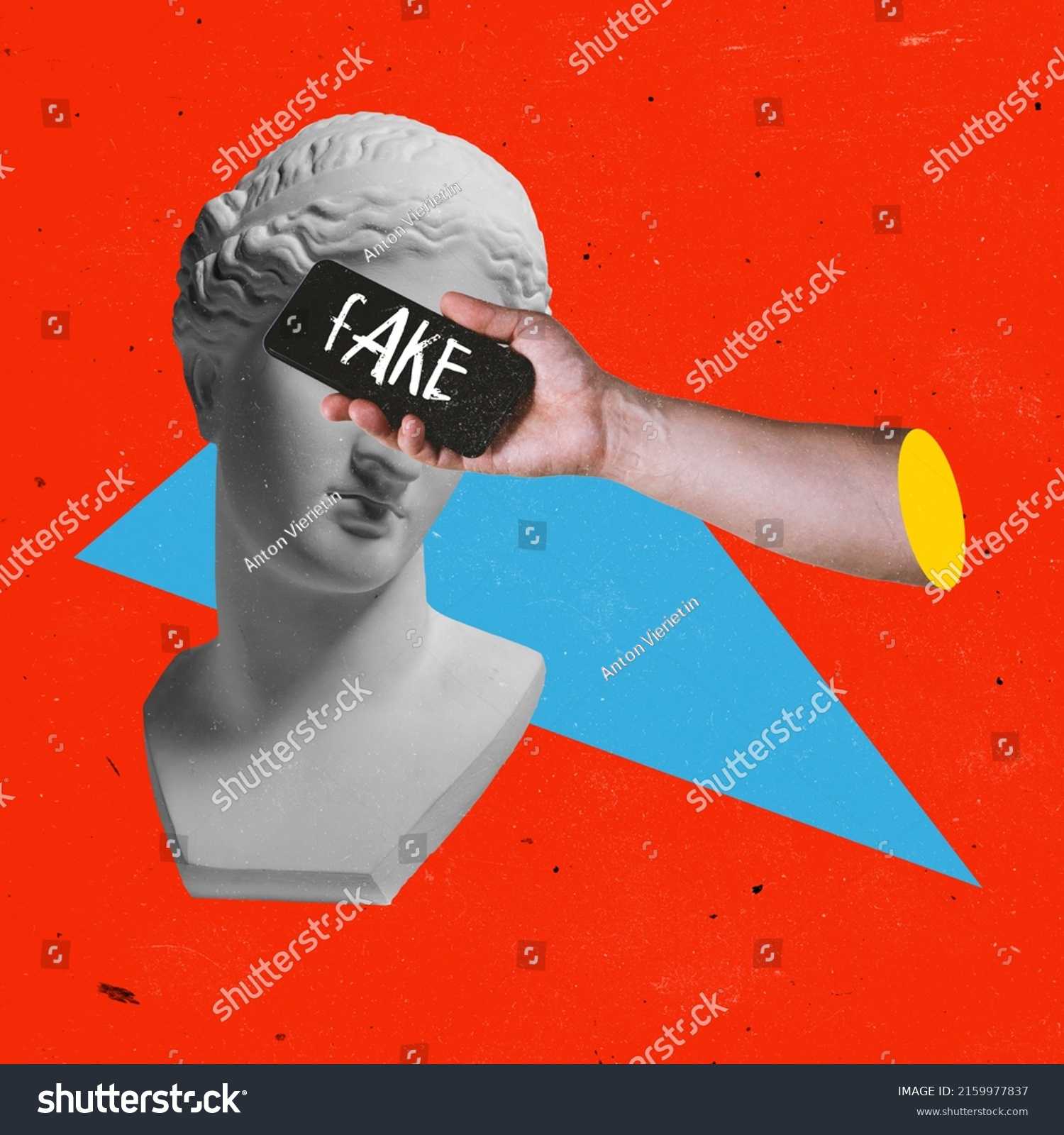 Contemporary art collage. Antique statue bust and phone screen covering eyes with fake news lettering. Spreading rumors. Concept of disinformation, gossips, propaganda, influence, society. Artwork #2159977837