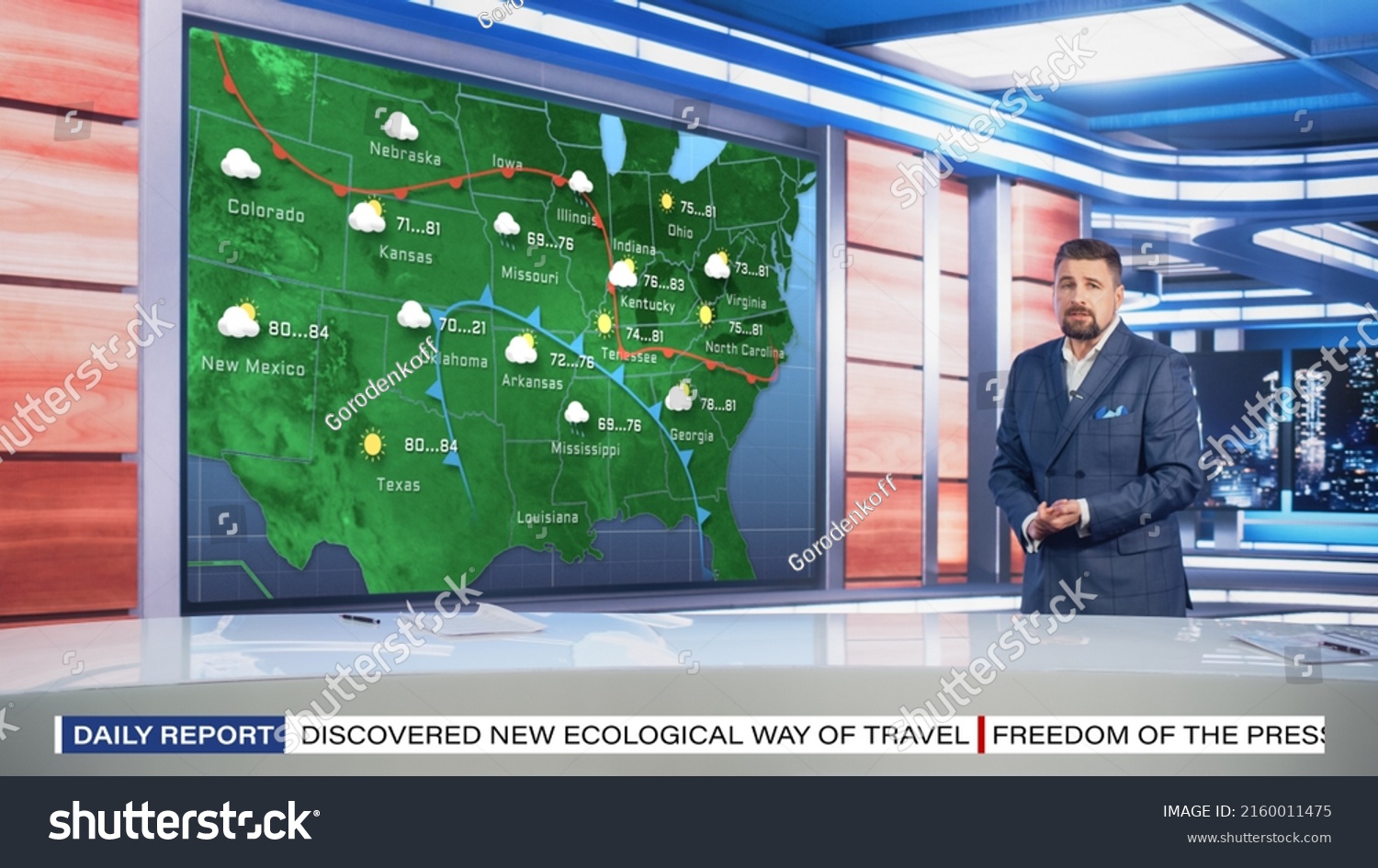 TV Weather Forecast Program: Professional Television Host Reviewing Weather Report in Newsroom Studio, Uses Big Screen with Visuals. Famous Anchorman Talks. Mock-up Cable Channel Concept. #2160011475