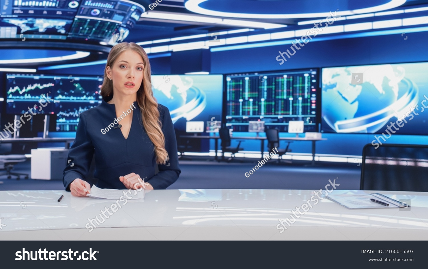TV Live News Program with Professional Female Presenter Reporting. Television Cable Channel Anchorwoman Talks, Business, Economy, Entertainment. Mockup Network Broadcasting in Newsroom Studio Concept #2160015507