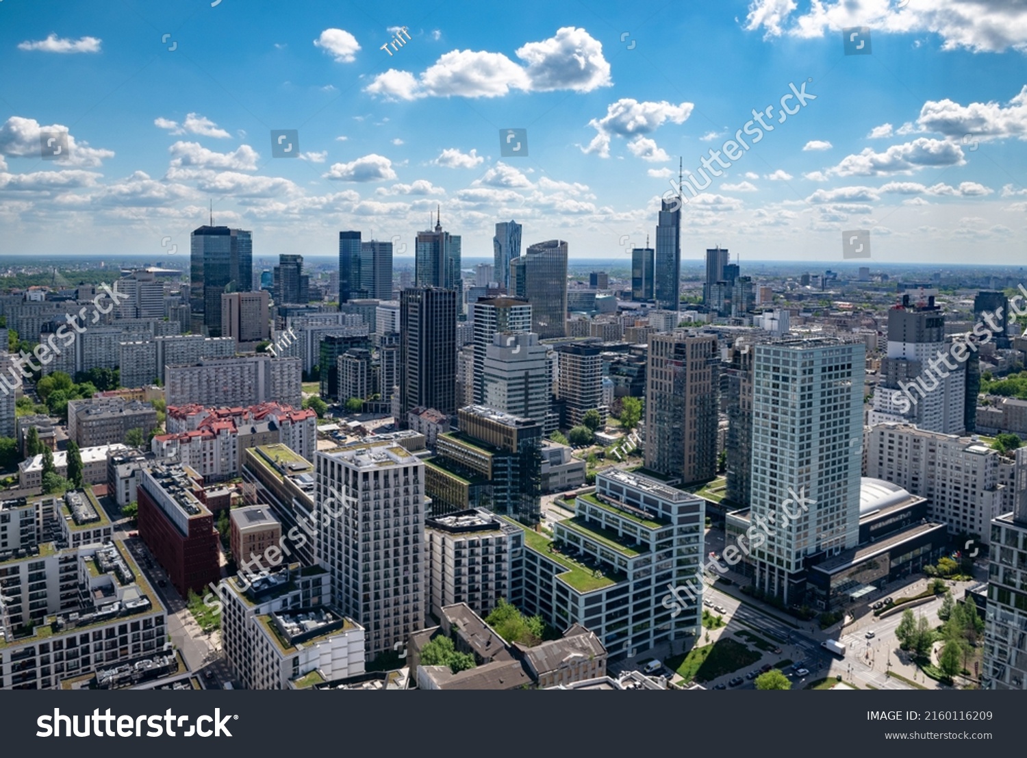 Panoramic. view of modern skyscrapers and business centers in Warsaw. View of the city center from above. Warsaw, Poland. #2160116209