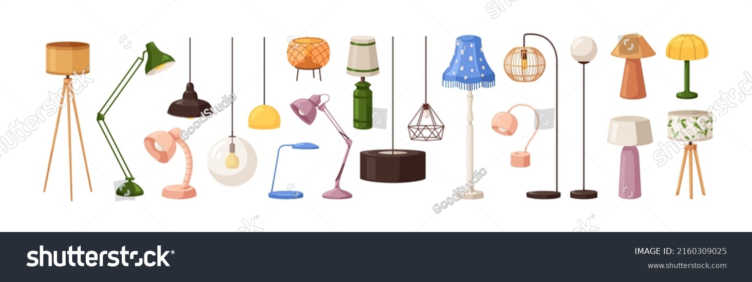 Electric table, floor lamps, lampshades, ceiling chandeliers, bedside nightlights set. Different interior light decor standing and hanging. Flat vector illustrations isolated on white background #2160309025