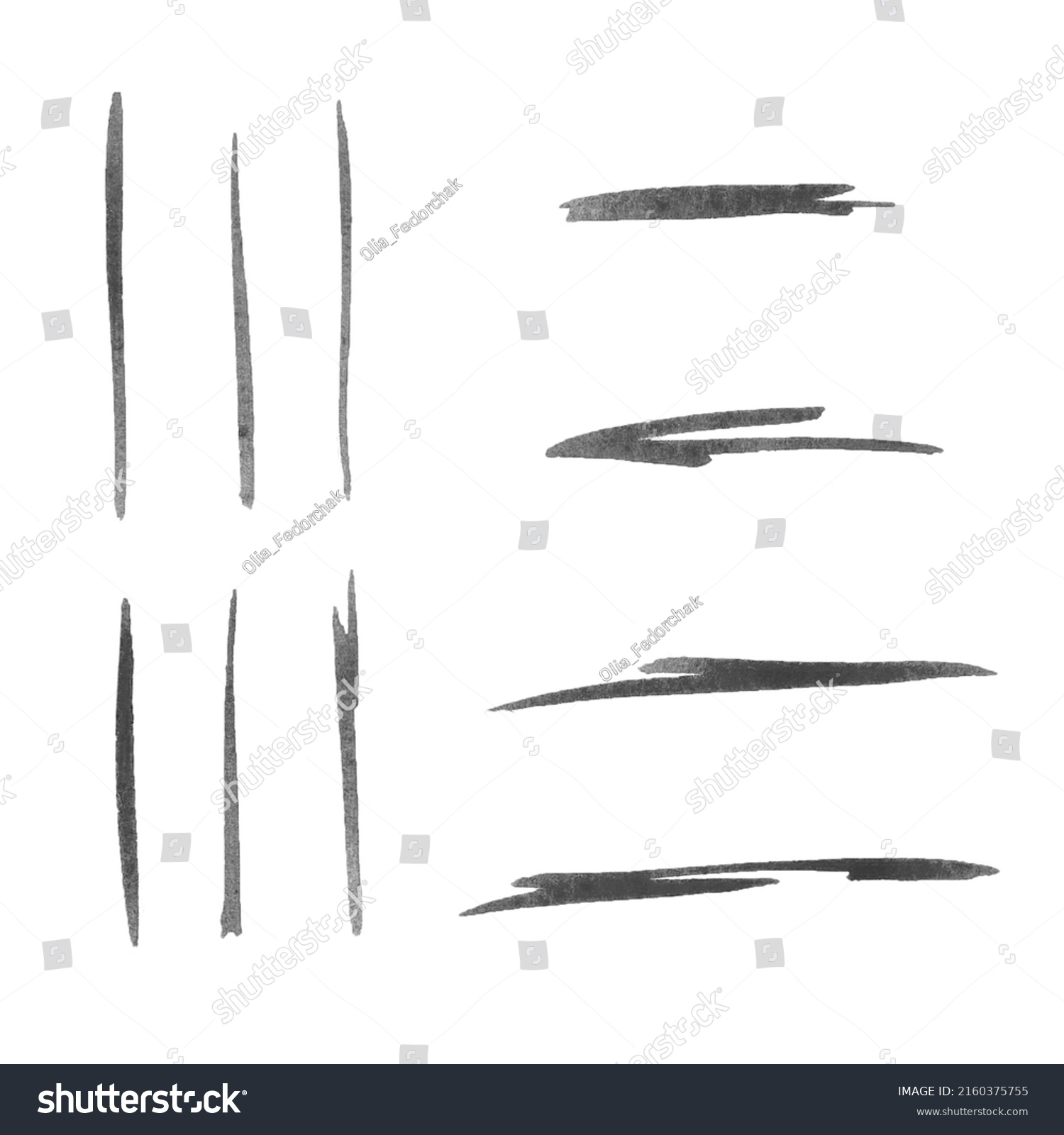 Black grunge brush strokes. Set of three painted ink stripes. Ink spot isolated on white background. #2160375755