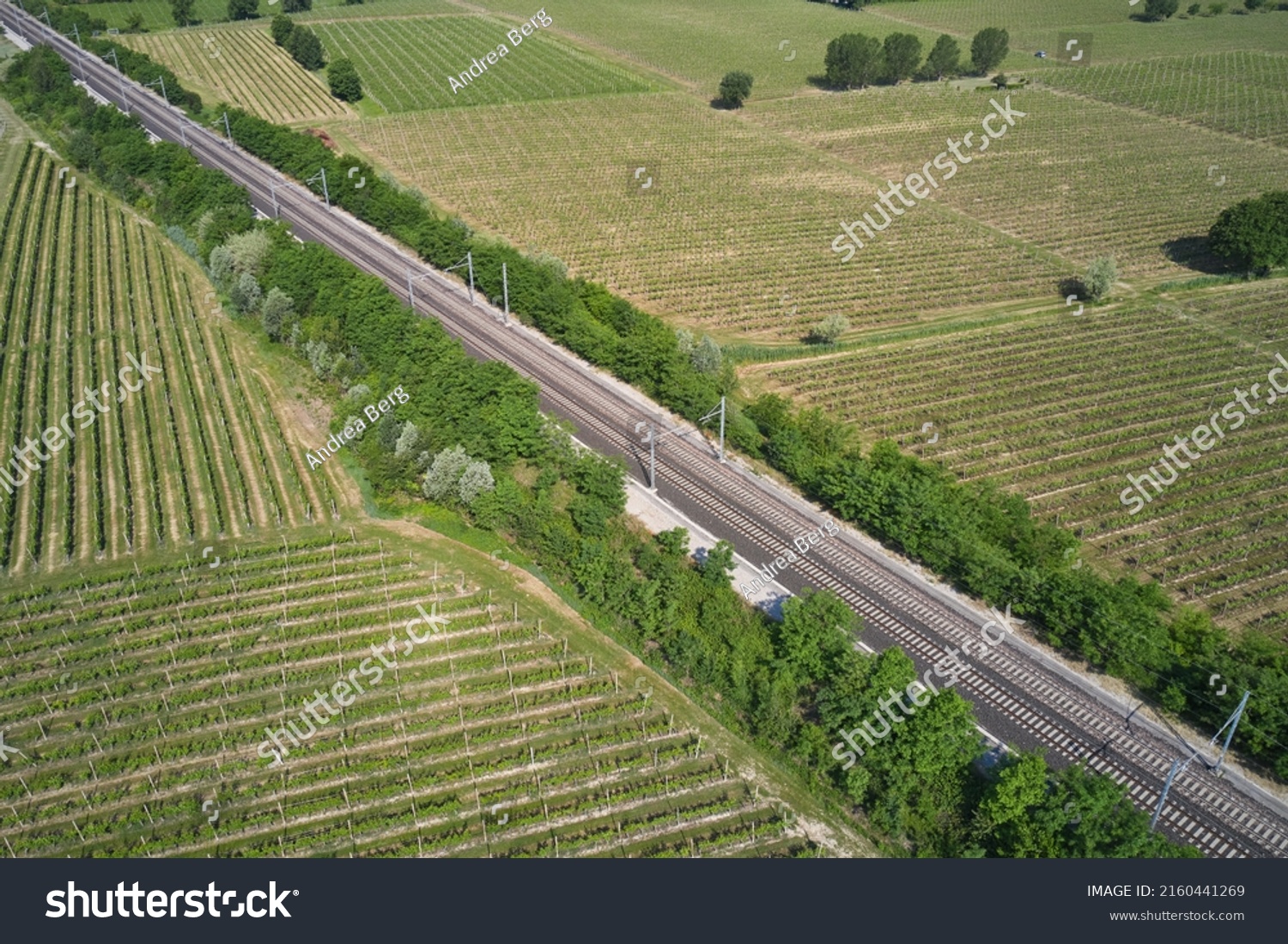 Transportation railway in Italy drone view. Railroad between vineyards diagonally aerial view. #2160441269