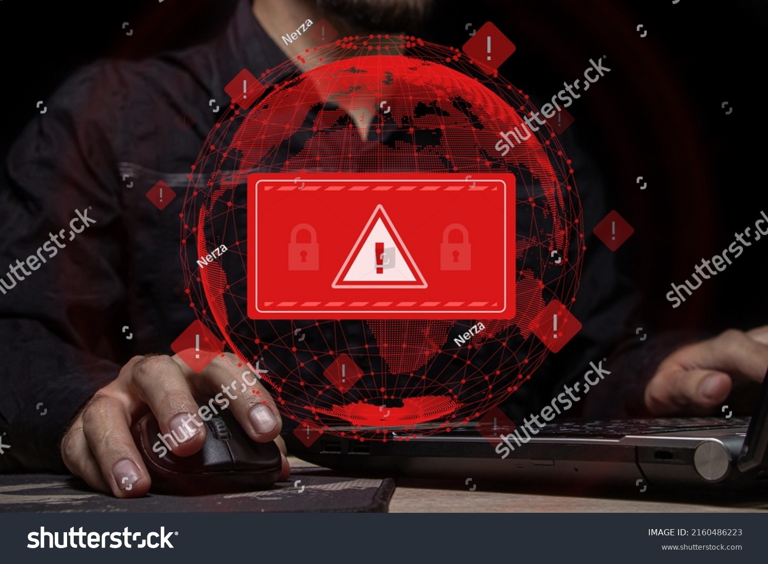 Computer system hack warning. The concept of a cyber attack on a computer network. Malicious software, viruses and cybercrime. Hacking personal data	 #2160486223