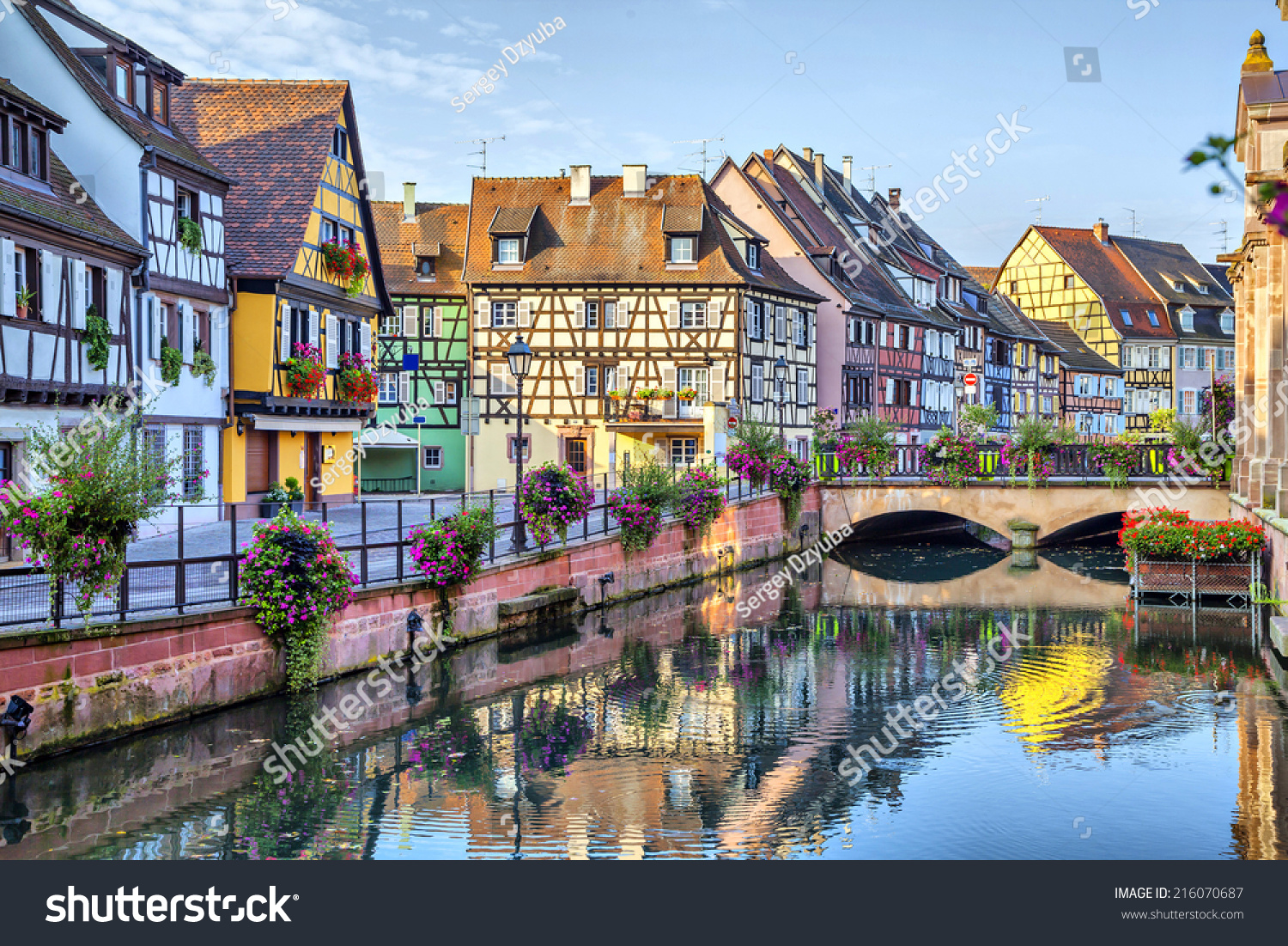 Colorful traditional french houses on the side of river Lauch in Petite Venise, Colmar, France #216070687