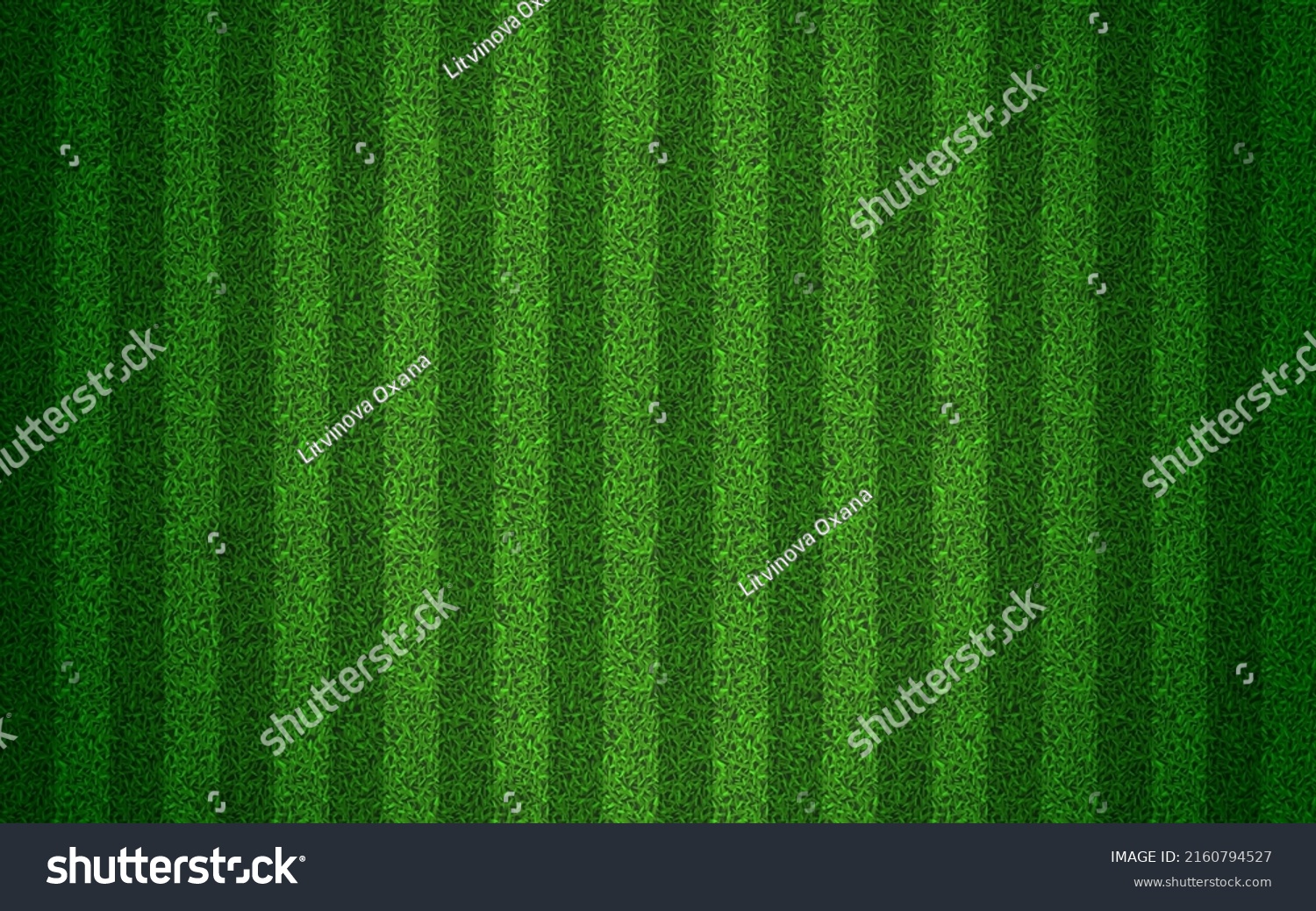 Green grass seamless texture on striped sport field. Astro turf pattern. Carpet or lawn top view. Vector background. Baseball, soccer, football or golf game. Fake plastic or fresh ground for game play #2160794527