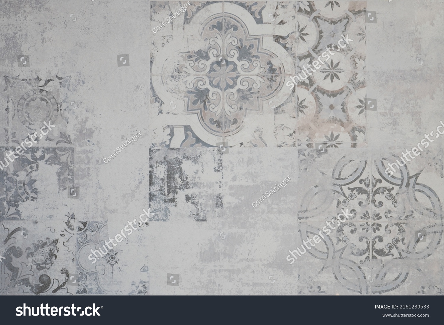 Old gray grey vintage worn geometric shabby mosaic ornate patchwork motif porcelain stoneware tiles stone concrete cement wall texture background #2161239533