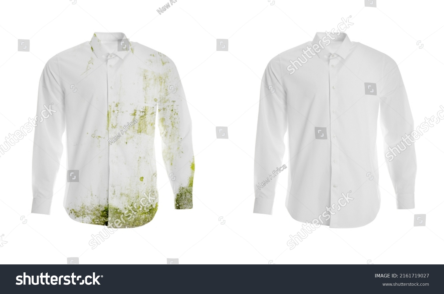 Stylish shirt before and after washing on white background, collage. Dry-cleaning service #2161719027