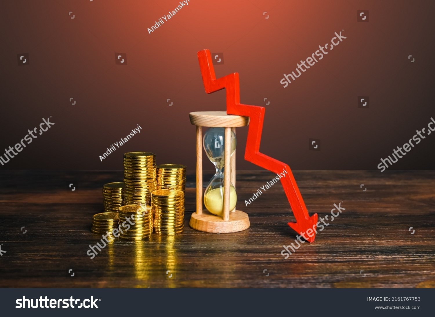 Money, sandglass and down arrow. Decrease in hourly pay wages. Save savings from inflation. Income falling. Dropping mortgage rates. Decreasing return on investment over time. Reducing costs, prices #2161767753