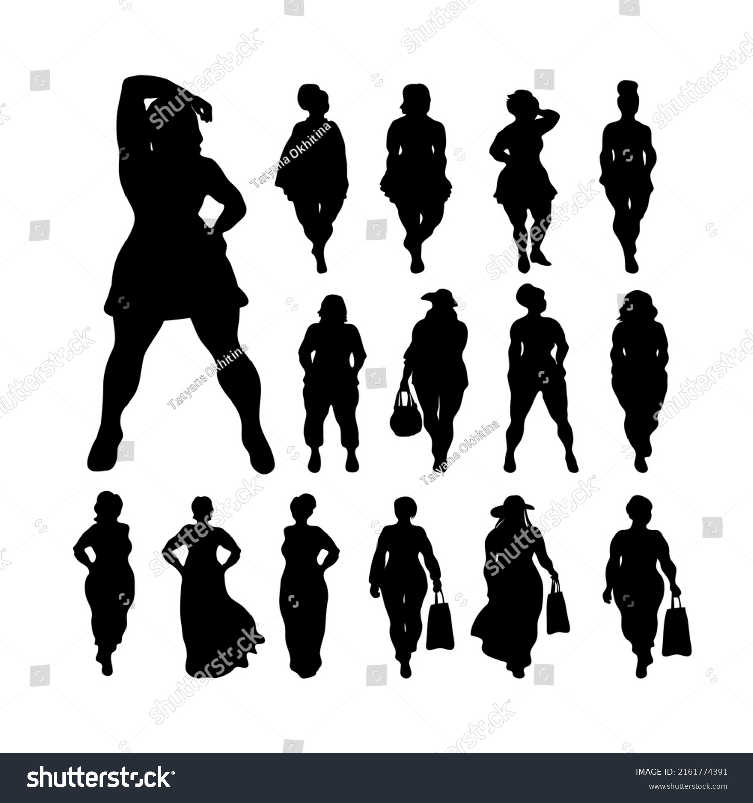 Body positive fashion woman silhouettes collection isolated on white background. Vector illustration plus-size models for fashion booklet, leaflet, poster. #2161774391