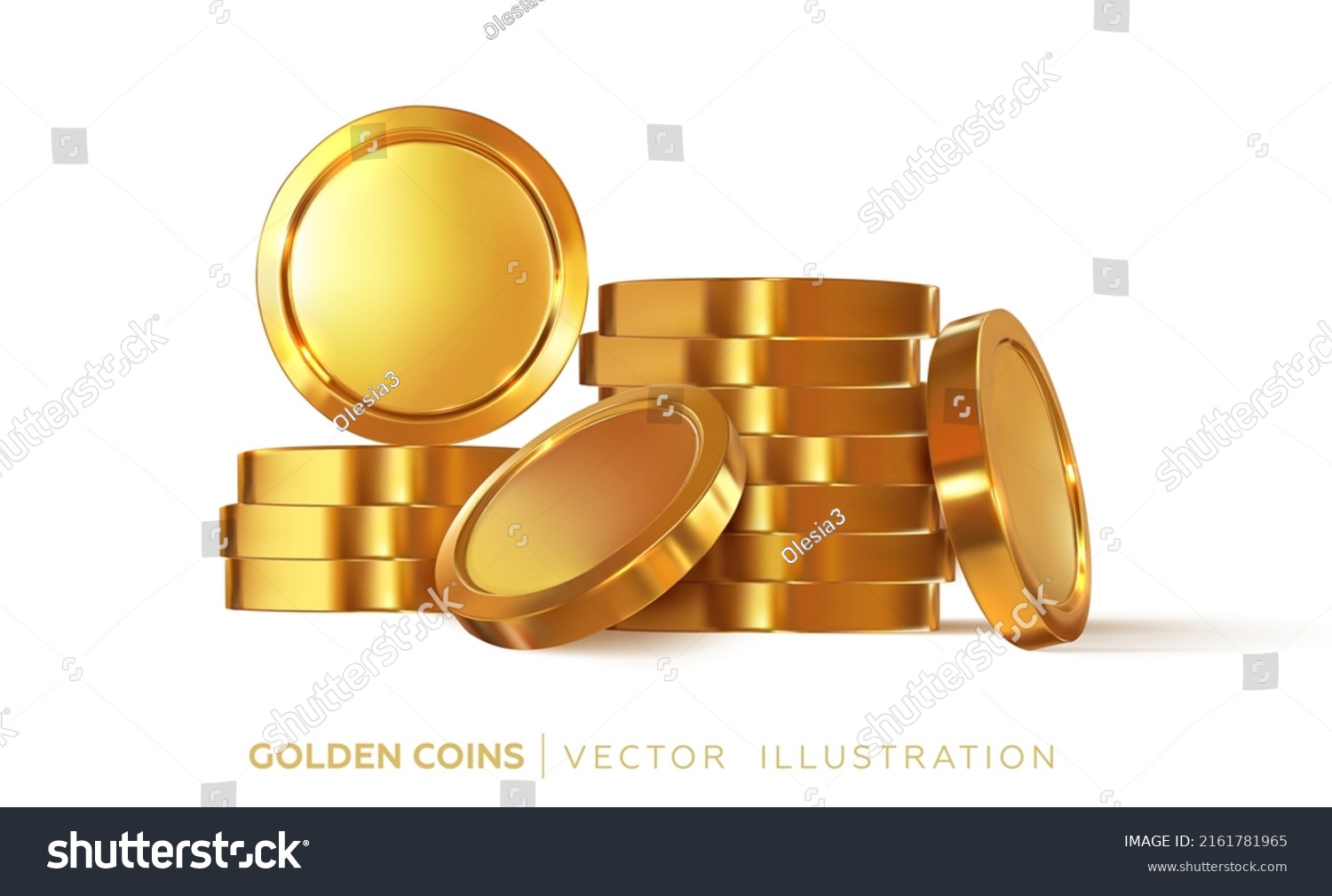 Coins, heaps of treasures. Stack of golden 3d coins. Golden shiny wealth. Vector graphics #2161781965