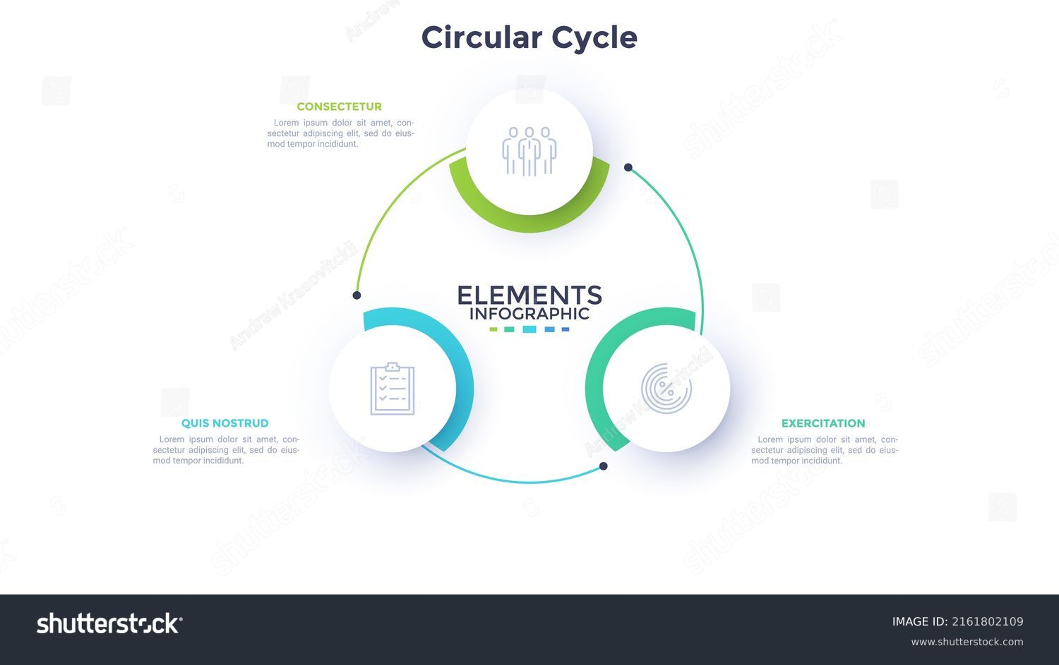 Circular scheme with three round paper white elements. Concept of cyclic business process with 3 stages. Minimal infographic design template. Modern flat vector illustration for data visualization. #2161802109