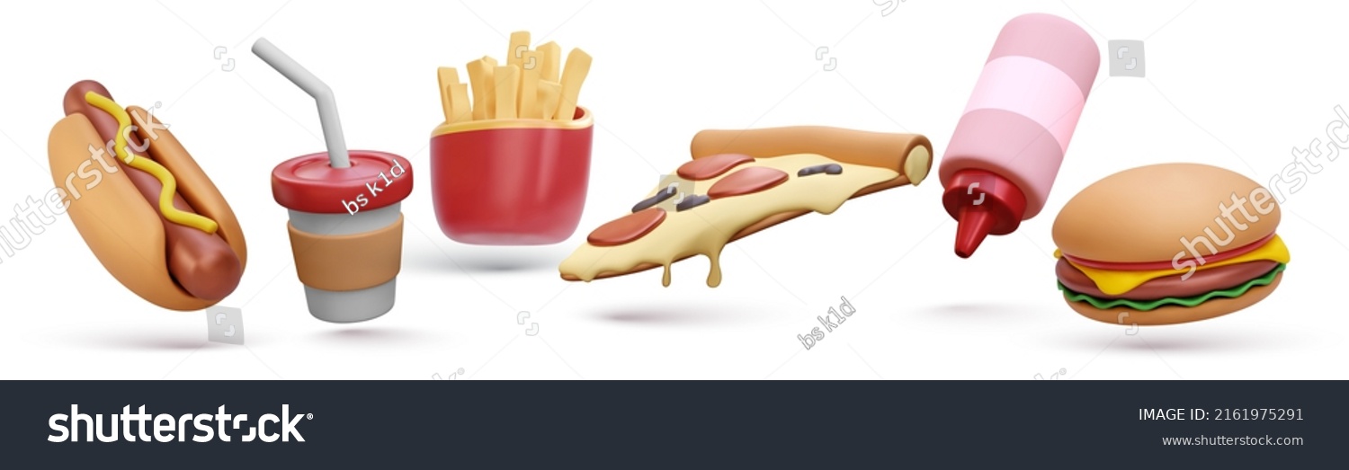 Set of 3d realistic render fast food elements icon set. Pizza slice, burger, french fries, coffee cup, hot dog, ketchup bottle isolated on white background. Vector illustration #2161975291