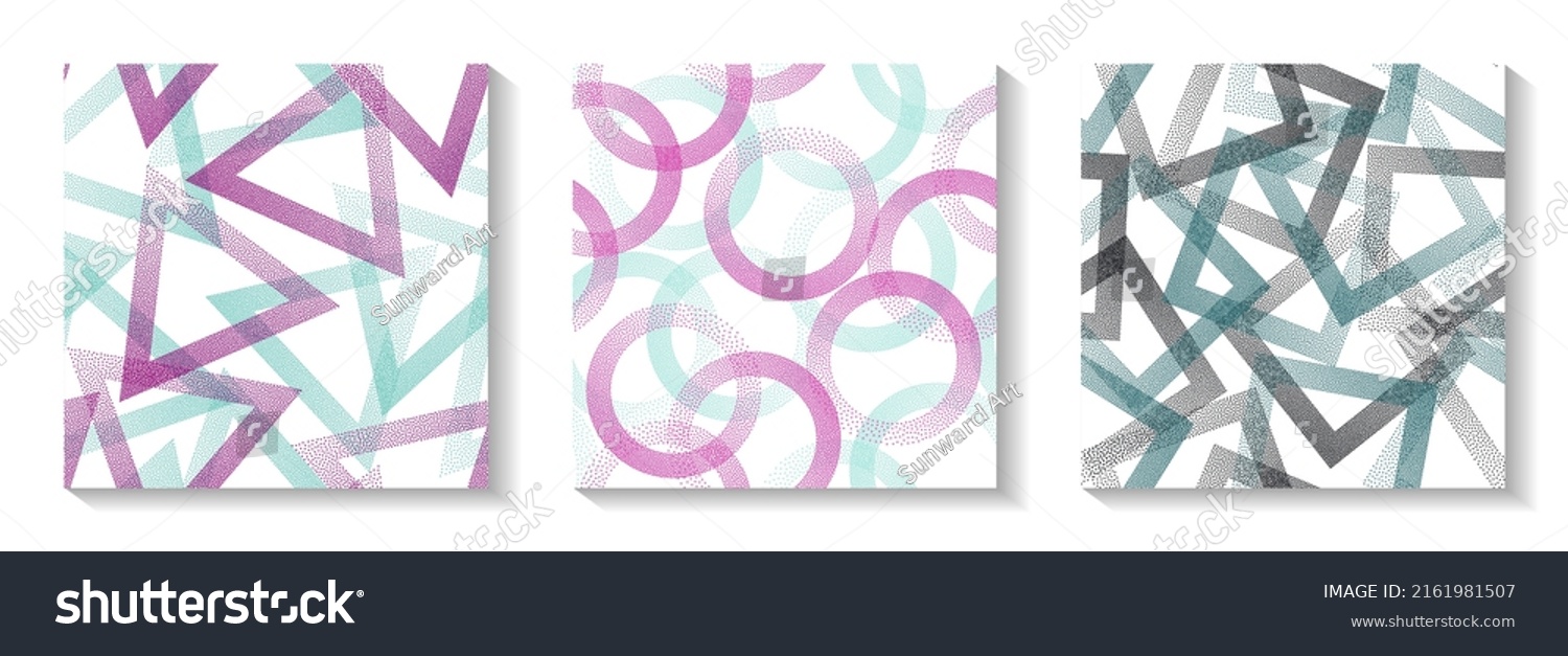Continuous geometric patterns set with shapes of dots. Circle rings with dots texture, square of points, halftone pixels triangles backgrounds funky vector collection. Perforated ornaments. #2161981507