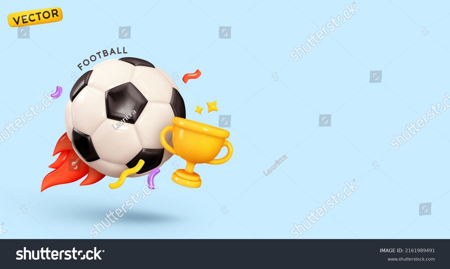 Soccer ball with golden cup. Creative concept background with sports attributes design elements. Realistic 3d object cartoon style. Sports football game. vector illustration #2161989491