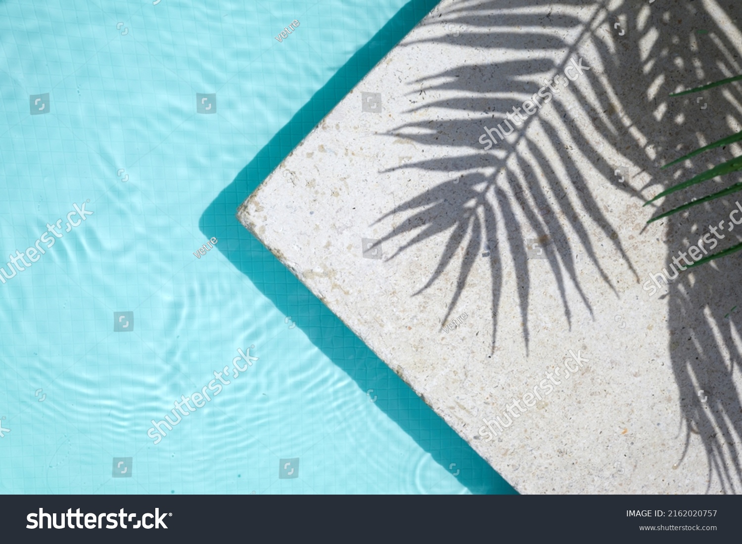 Swimming pool top view background. Water ring and palm shadow on travertine stone #2162020757