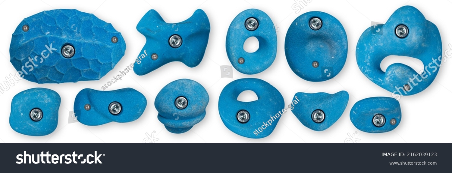 set collection of various blue artificial climbing holds isolated on white background wth clipping path. indoor sport bouldering extreme sport concept #2162039123