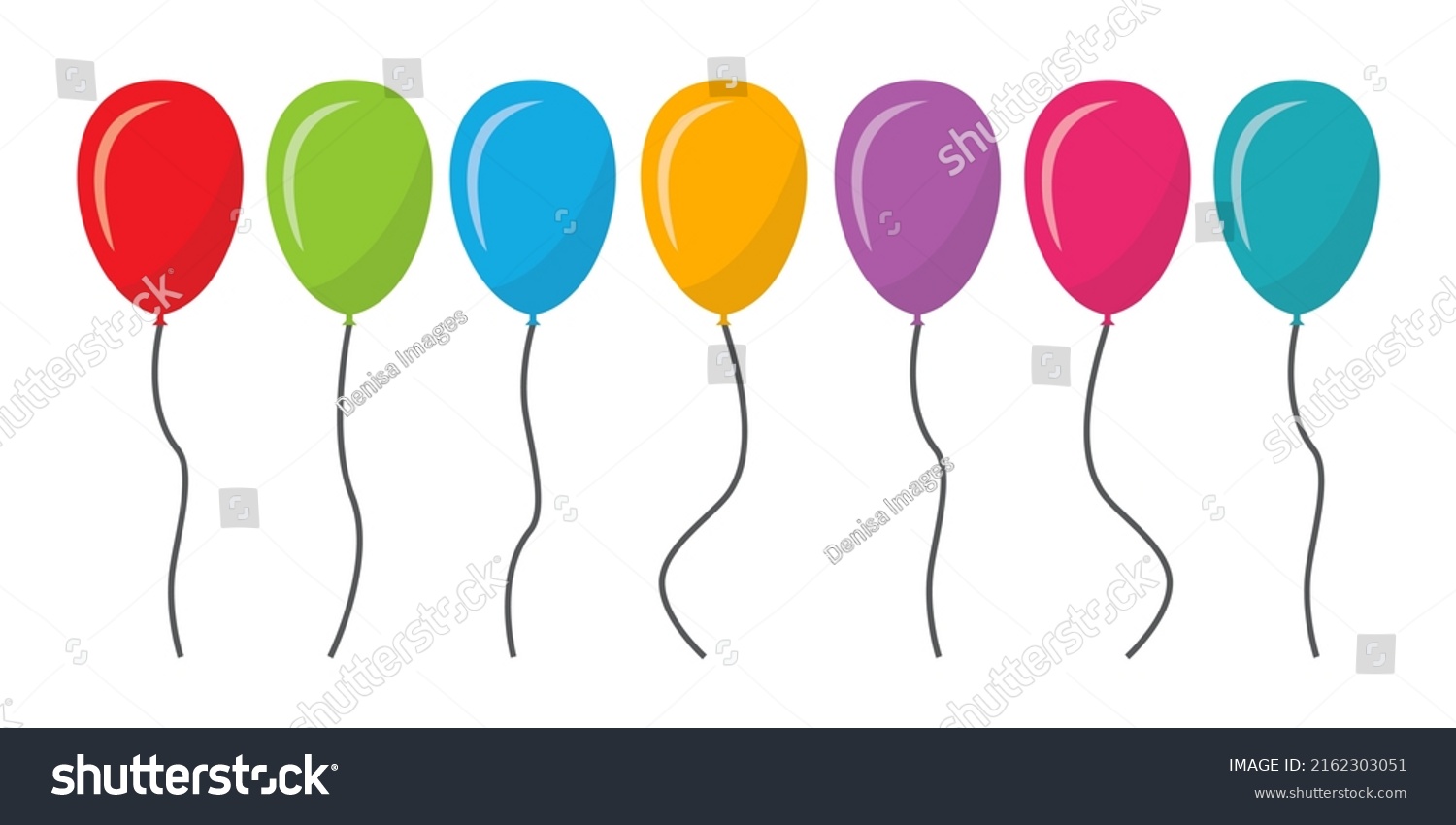 Balloon in cartoon style. Bunch of balloons for birthday and party. Flying ballon with rope. Blue, red, yellow and green ball isolated on white background. Flat icon for celebrate and carnival. Vector #2162303051