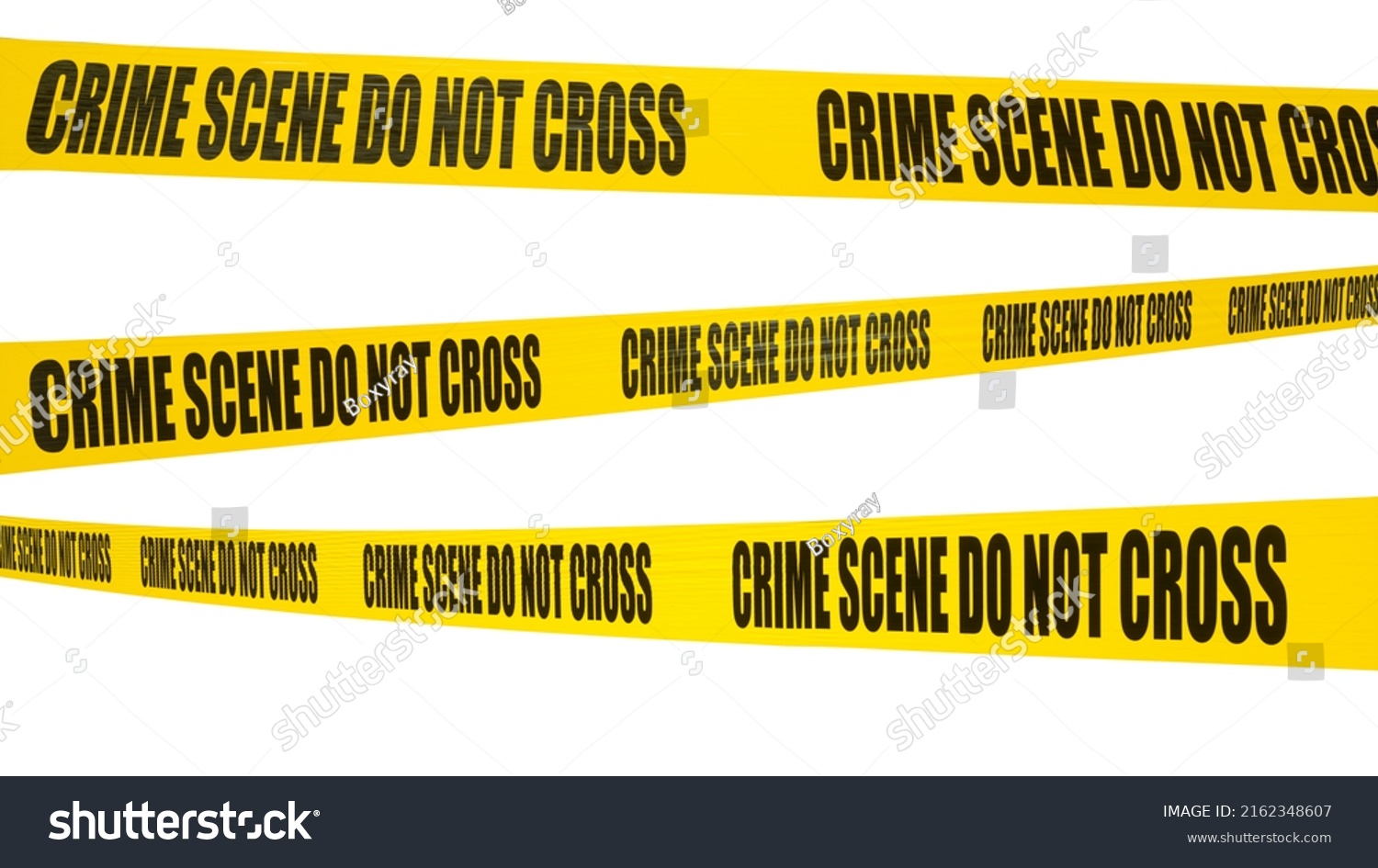 Crime scene tape with word crime scene do not cross isolated on white background.  Crime scene restricted area ribbon #2162348607
