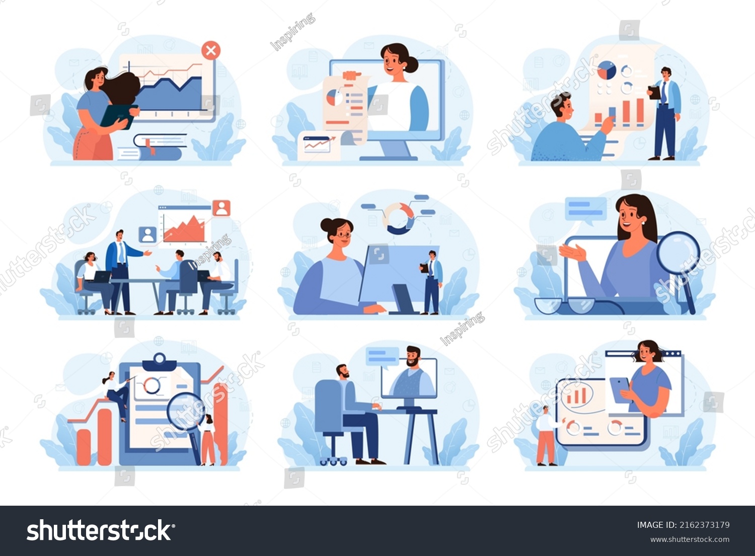 Expert concept set. Professional business adviser provides solutions for business. Expertise and corporate consultancy. Idea of strategy management and troubleshooting. Flat vector illustration #2162373179