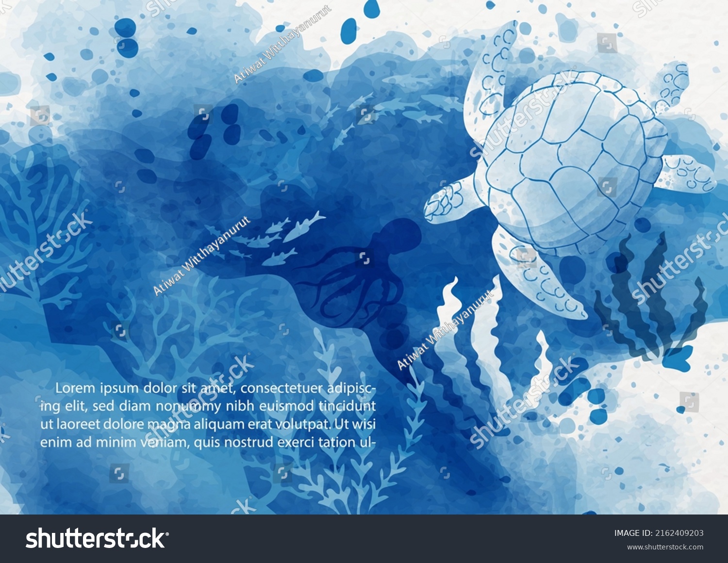 Sea turtle with the scene of under ocean in watercolor style, example texts on white paper pattern background. Card and poster of ocean in blue watercolor style and vector design. #2162409203