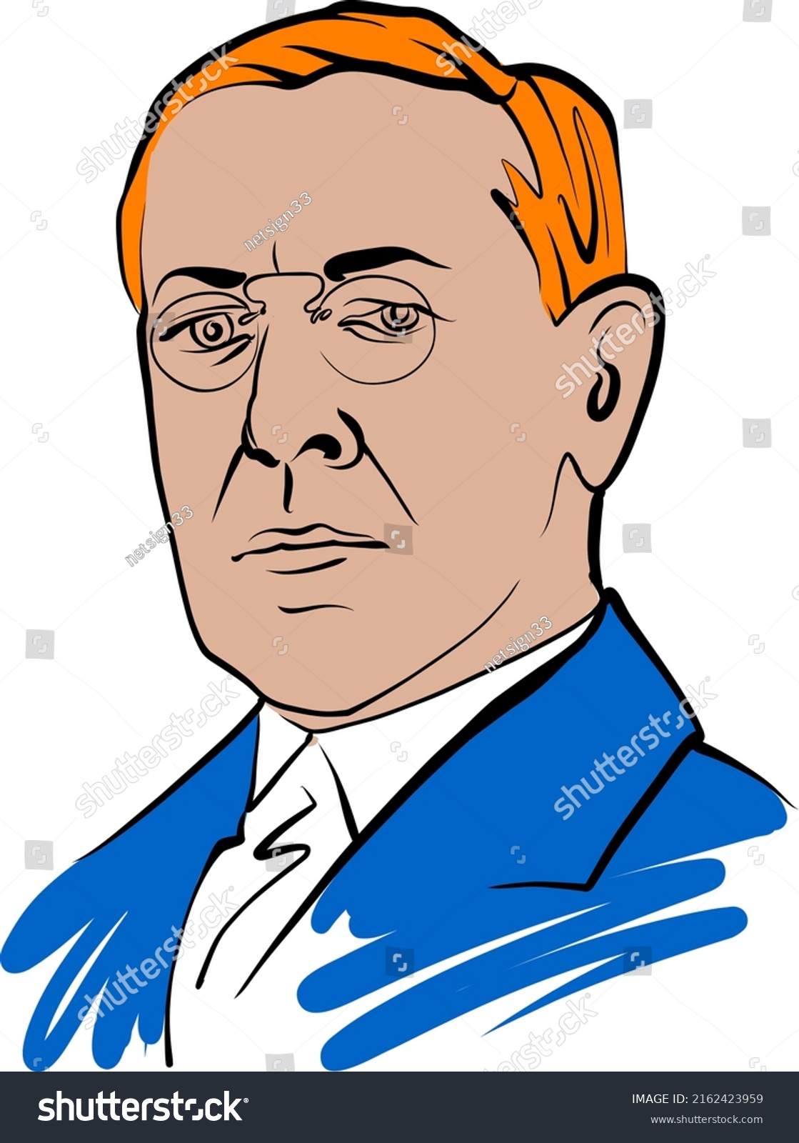 Woodrow Wilson vector drawing with colored surfaces. Hand-drawn outline sketch. Drawing for use on any marketing project and for resale as print. #2162423959