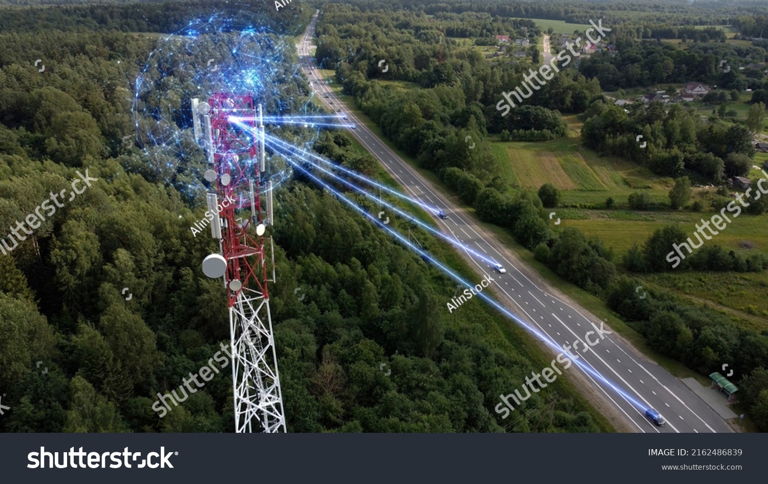 Aerial view of a telecommunications antenna transmitting signals and collecting information about electronic smart self-driving cars. Concept:Car Scan, GPS Tracking, Smart Roads, IoT, Traffic Control #2162486839